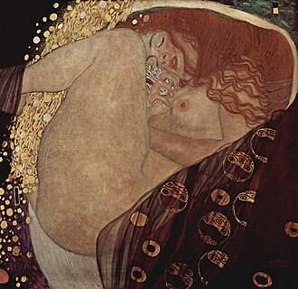 클림트의 대표작 '다나에(Danaë, 1907)'. 그리스신화 속 아르고스왕의 딸인 다나에 공주가 제우스와 사랑을 장면으로, 다나에 몸 위로 황금빛 정수가 쏟아지는 것이 특징이다｜출처: Gustav Klimt