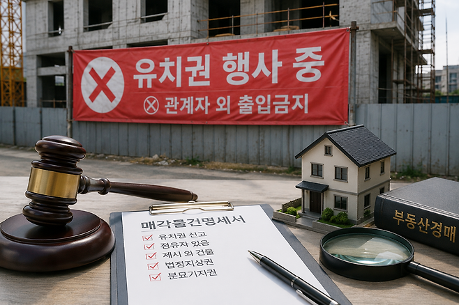경매 물건 현장에 걸린 유치권 행사 현수막과 권리분석 자료. 전문가들은 시세보다 지나치게 저렴한 경매 물건일수록 유치권, 법정지상권, 분묘기지권 등 숨은 권리를 반드시 확인해야 한다고 조언한다. 인공지능(AI) 챗GPT 생성 이미지