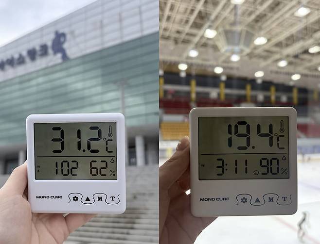 [고양=뉴시스]이지윤 인턴기자 = 14일 오후 고양어울림누리 얼음마루 앞(왼쪽)은 31.2도, 빙상장 내부(오른쪽)은 19.4도를 기록하며 약 12도의 온도 차이를 보였다. *재판매 및 DB 금지
