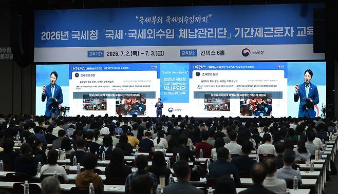 임광현 국세청장이 3일 킨텍스에서 '국세·국세외수입 체납관리단' 실태확인원에게 체납관리단의 목적과 비전을 설명하고 있다.(사진제공=국세청)