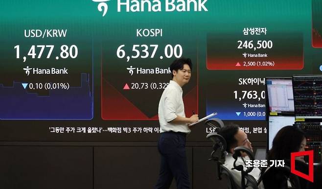21일 서울 중구 하나은행 본점 딜링룸에서 직원들이 증시와 환율 등을 모니터하고 있다. 이날 코스피는 전 거래일 대비0.58% 오른 6553.88에 장을 시작했지만 혼조세를 보이며 등락을 거듭하고 있다. 2026.7.21 조용준 기자