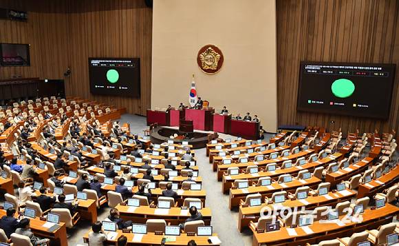 21일 서울 여의도 국회에서 열린 본회의에서 윤석열·김건희에 의한 내란·외환 및 국정농단 행위의 진상규명을 위한 특별검사 임명 등에 관한 법률 일부개정법률안(대안)이 통과되고 있다. [사진=곽영래 기자]