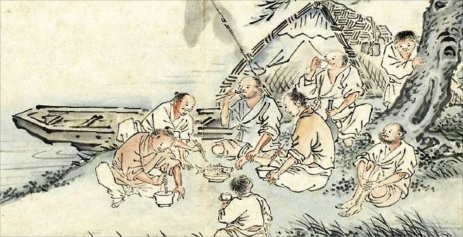 김득신의 ‘강가에 모여 먹고 마시다’. 냇가에서 즐겁게 식사하는 사람들을 그렸다. /국립중앙박물관 제공