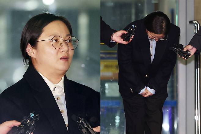 전직 매니저들에 대한 갑질과 불법 의료행위 의혹을 받는 방송인 박나래씨가 지난 2월20일 밤 경찰에 출석해 조사를 받은 뒤 서울 강남경찰서를 나서며 취재진 질문에 답하고 있다. 연합뉴스·뉴스1