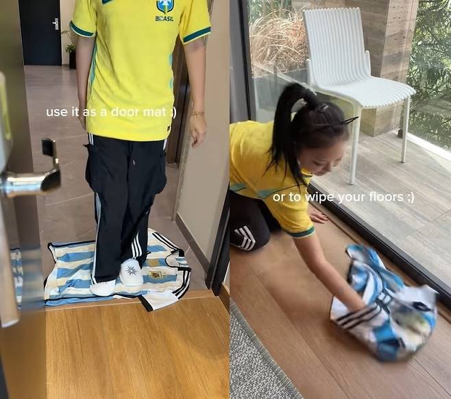 유튜버 ‘이노냥’이 2026 국제축구연맹(FIFA) 북중미 월드컵 결승전 이후 리오넬 메시의 아르헨티나 대표팀 유니폼을 발로 밟고 걸레로 사용하는 등의 내용을 담은 영상을 올려 전세계 축구팬들의 비판을 받고 있다. 자료 : 유튜브 채널 ‘이노냥’