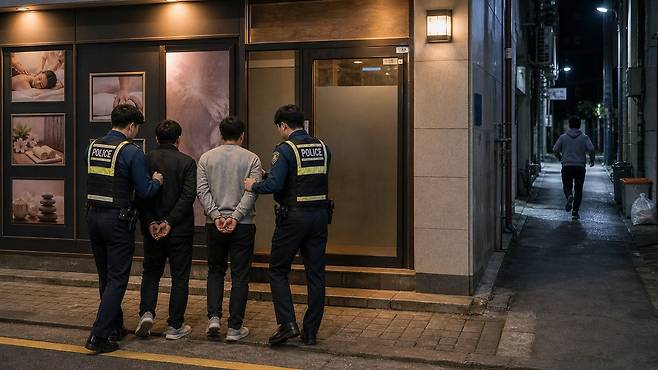 분당경찰서 여성청소년과는 지난 16일 마사지 업소 주인을 협박해 금품을 갈취한 고교생 3명 중 2명을 검거해 조사했다. 사진은 당시 상황을 재연한 인공지능(AI) 일러스트. 퍼플렉시티(Perplexity).