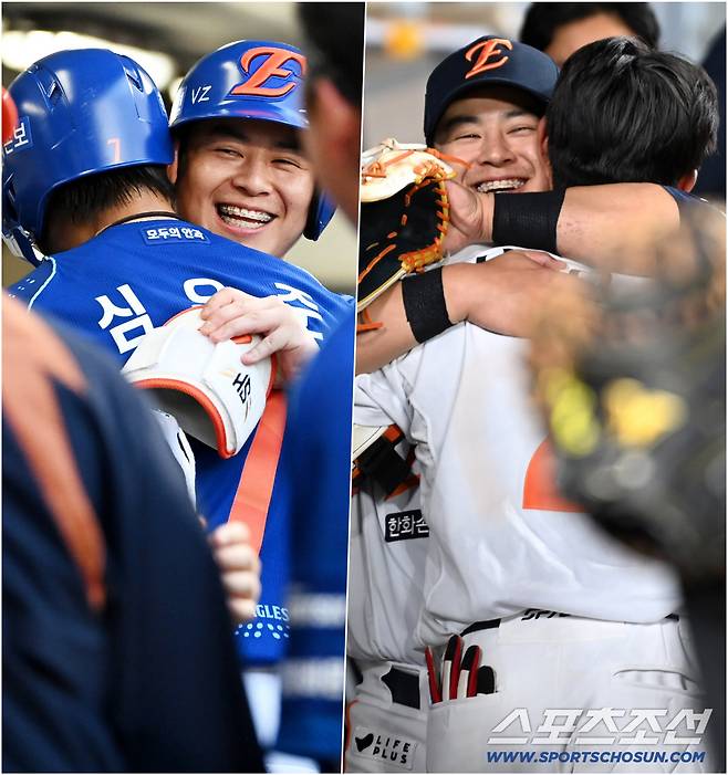 22일 광주KIA전에서 3점포를 날린 심우준을 뜨겁게 안아준 노시환. 지난해 4월 29일 대전 LG전에서 이적 후 첫 홈런을 때려냈을때 뜨거운 포옹을 나누던 그 장면이 떠올랐다. 광주·대전=허상욱 기자