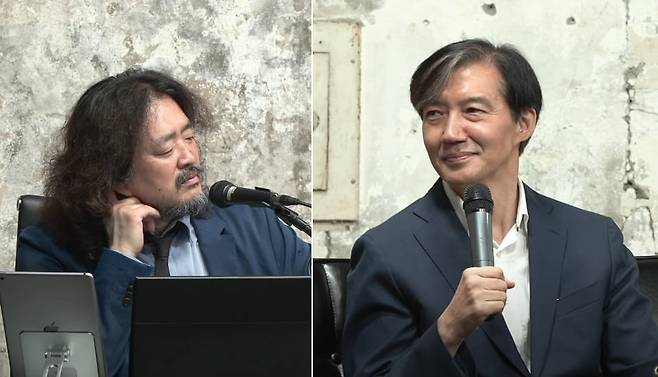 김어준(왼쪽)씨의 유튜브에 출연해 대화하는 조국 전 조국혁신당 대표. /김어준 유튜브