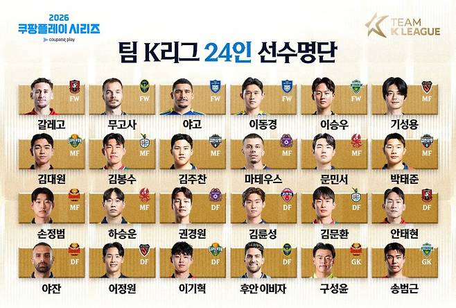 기성용(포항), 이승우(전북), 이기혁(강원) 등으로 구성된 팀 K리그가 맨체스터시티(이하 맨시티)와 다음달 5일 대결을 펼친다. 사진은 팀 K리그 명단. /사진=한국프로축구연맹