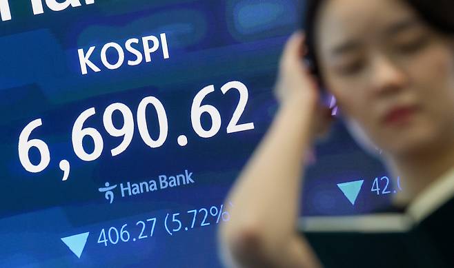 7월 24일 서울 중구 하나은행 본점 딜링룸 전광판에 코스피 종가 6690.62가 표시돼 있다. 뉴시스
