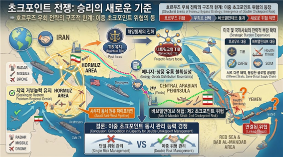 호르무즈를 우회하면 왜 바브엘만데브가 등장하는가에 대한 설명도. 김태준 한반도안보문제연구소장 AI 그림
