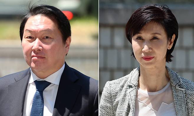 지난 6월 15일 2차 조정 기일에 출석하는 최 회장과 노 관장. 연합뉴스