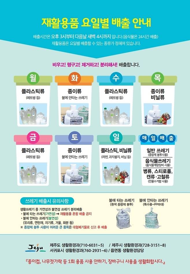 재활용품 요일별 배출 홍보물 [제주도 홈페이지 갈무리. 재판매 및 DB 금지]