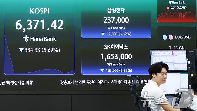 28일 오전 서울 중구 하나은행 딜링룸 전광판에 코스피 등 시황이 표시되고 있다.  2026.7.28 ⓒ 뉴스1 이종수 기자
