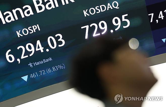 증시 상황은? (서울=연합뉴스) 김성민 기자 = 코스피가 28일 미국 반도체주의 급락 등의 여파에 장 초반 5% 넘게 하락하며 매도 사이드카가 발동됐다. 
    이날 서울 중구 하나은행 본점 딜링룸 전광판에 코스피, 코스닥이 표시돼 있다. 2026.7.28 ksm7976@yna.co.kr