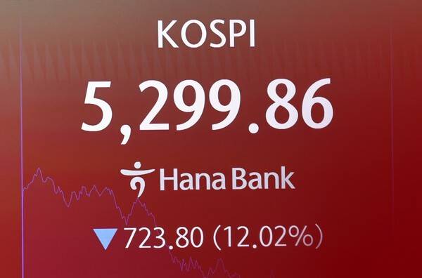 코스피, 코스닥 시장에서 이틀 연속 장중 서킷브레이커가 발동한 29일 서울 중구 하나은행 딜링룸 전광판에 코스피 지수가 표시되어 있다. 뉴스1