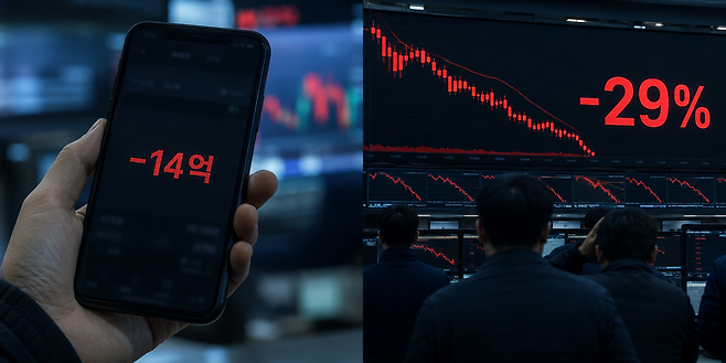 단일종목 레버리지 투자로 14억원의 손실을 본 투자자의 계좌 화면과 급락하는 증시를 표현한 이미지. 28일 삼성전자와 SK하이닉스 레버리지 상품은 최대 29% 넘게 떨어졌다. ChatGPT 생성 이미지