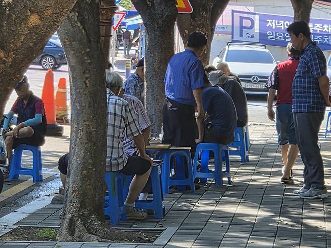 부산시청 앞 무더위 풍경 (부산=연합뉴스) 차근호 기자 = 평소 같으면 바둑을 두기 위해 수십명이 모여있는 부산시청 앞 공원이 휑한 모습이다.
