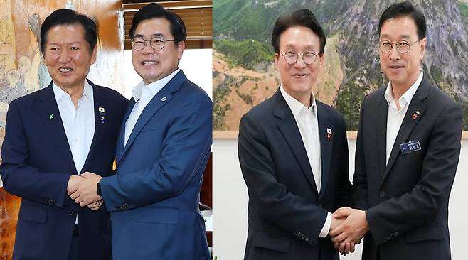 정청래 더불어민주당 당(왼쪽부터) 대표 후보(왼쪽)가 30일 인천의 한 식당에서 박찬대 인천시장과 만나 악수하고 있다.  김민석 더불어민주당 당대표 후보(왼쪽)가 30일 제주도청에서 위성곤 제주지사를 만나 손을 맞잡고 있다. 연합뉴스·제주도 제공