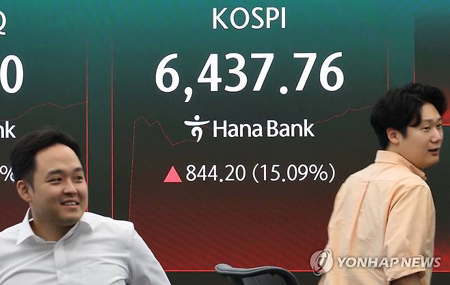 장중 15프로 폭등한 코스피 (서울=연합뉴스) 최재구 기자 = 31일 서울 하나은행 본점 딜링룸에 코스피가 표시되고 있다. 코스피가 역대 최대 상승 폭을 경신하면서 폭등했다. 간밤 되살아난 반도체 투자심리에 반발 매수세가 쏟아졌다. 2026.7.31 jjaeck9@yna.co.kr