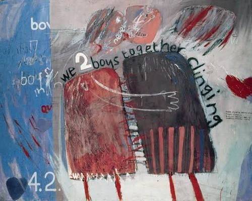 우리 두 소년, 꼭 붙어서(1961). 제목은 신문 헤드라인 '두 소년, 밤새 절벽(Cliff)에 매달리다'에서 왔다. 등반 사고 기사였지만 호크니는 절벽(cliff)을 짝사랑하던 가수 클리프 리처드로 바꿔 읽었다. 인물 위에는 숫자 암호도 새겼다. 4.8은 자신(D.H.), 3.18은 클리프 리처드(C.R.)다. /영국 예술위원회 소장