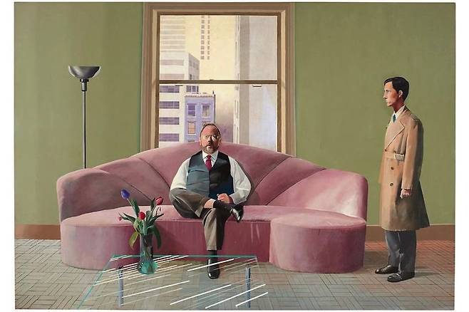 헨리 겔드잘러와 크리스토퍼 스콧(1969). 분홍 소파에 앉은 헨리 겔드잘러와 그의 연인 크리스토퍼 스콧. 겔드잘러는 뉴욕 메트로폴리탄미술관의 20세기 미술 담당 큐레이터로, 호크니의 오랜 친구이자 지지자였다.
