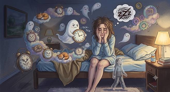 불면증에 시달리는 사람을 키워드로 생성AI가 그린 이미지. ‘졸피뎀 부작용’을 키워드로 입력하니 공포영화 이미지 같은 기괴한 그림을 그려서, 키워드를 불면증으로 대체했다. [제미나이]
