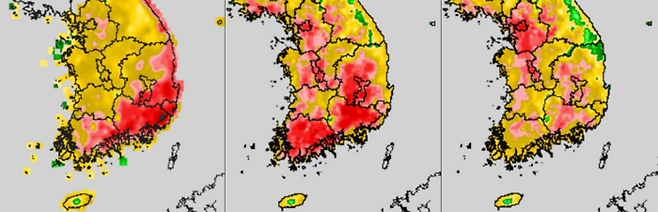 (왼쪽부터) 8월 2~4일 전국 기온 관측값 및 예보. 동풍 영향으로 서서히 백두대간 서쪽으로 더위의 중심이 옮겨갈 전망이다.
