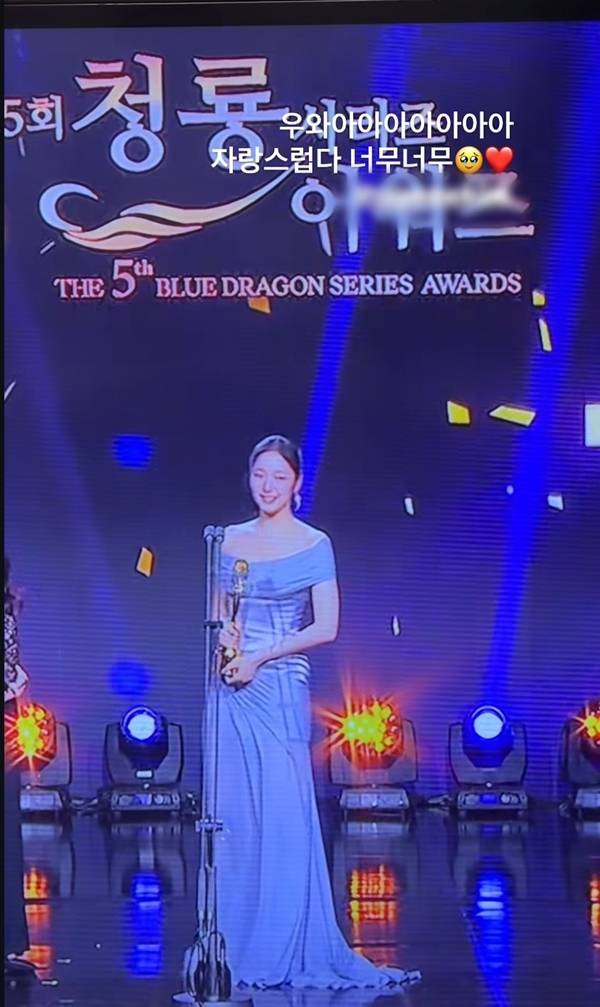 Actress Kim Go-eun has garnered attention after winning the Grand Prize at the 5th Blue Dragon Series Awards, with the cheers of her family watching and the innocent reaction of her nephew being revealed. Kim Go-eun shared her joy of the award on her social media, sharing a video containing her familys congratulations.At the 5th Blue Dragon Series Awards held at Paradise City in Incheon on the 31st of last month, Kim Go-eun was honored with the Grand Prize for the Netflix series *Eun-jung and Sang-yeon*. When Kim Go-euns name was called, her family cheered in unison in front of the TV, while her young nephew drew laughter by asking, What is the Grand Prize? and raising both arms high.Congratulations from colleagues also continued at the venue. Actor Lee Sang-yi, who was in the audience, applauded with genuine joy at Kim Go-euns win, and Lee Dong-wook also sent his congratulations via social media, leaving a message expressing his pride.In her acceptance speech, Kim Go-eun spoke about the sense of responsibility she takes when working on projects and her aspirations as an actress. He approaches every project with earnestness rather than taking it for granted, and he vowed to do his best to show a new side of himself in the future.