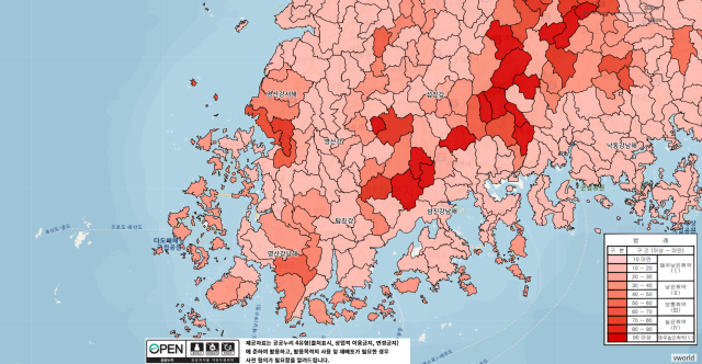 ▲영산강·섬진강 유역의 가뭄취약지도. 출처 : 국가가뭄정보포털 가뭄취약지도