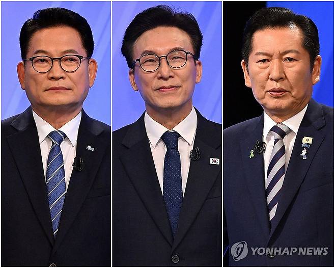 토론회 참석한 민주당 당대표 후보들 (서울=연합뉴스) 더불어민주당 송영길·김민석·정청래 당 대표 후보가 5일 서울 영등포구 여의도 KBS에서 열린 제2차 TV 토론회를 준비하고 있다. 2026.8.5 [국회사진기자단] photo@yna.co.kr