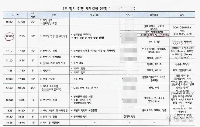 2023년 A씨의 축일 행사 진행을 위한 업무분장표에 포함된 행사 진행 세부일정.  사회복지종사자 권익지원센터 제공
