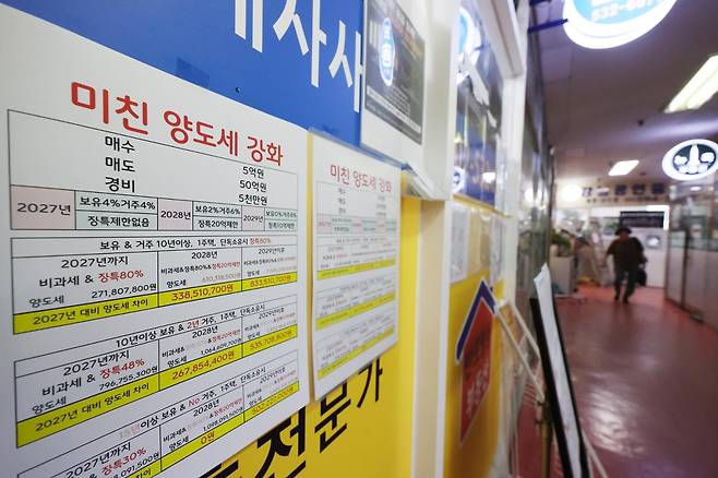 5일 서울 강남권 한 부동산중개업소에 양도세 관련 안내문이 붙어 있다. 연합뉴스