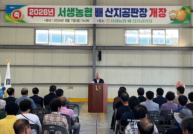 울산 서생농협(조합장 최남식)은 7일 서생농협 구동지점에서 '배 산지공판장 개장식'을 열고 올해 첫 수확한 서생배 경매에 들어갔다. 울산농협 제공