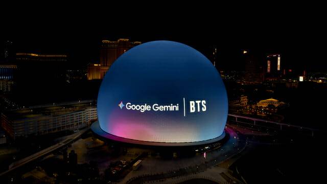 구글의 최신 AI '제미나이(Gemini)'와 글로벌 아티스트 '방탄소년단'이 협업한 티저 영상이 미국 현지 시간 8월 2일부터 8일까지 라스베이거스의 랜드마크 '스피어(Sphere)' 외벽에서 순환 상영됐다. (사진=구글)