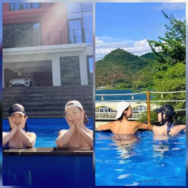 배우 최여진이 가평의 수영장에서 앞뒤 어느 쪽에서도 수영복이 보이지 않는 듯한 착시 사진부터 남편 김재욱과 장난스럽게 포즈를 맞춘 신혼 일상까지 공개했다. 사진=SNS
