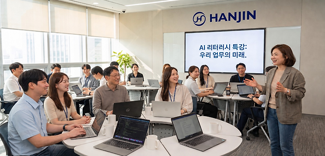 한진 임직원들이 AI 교육을 수강하고 있는 모습을 AI로 구현한 이미지.  <한진>