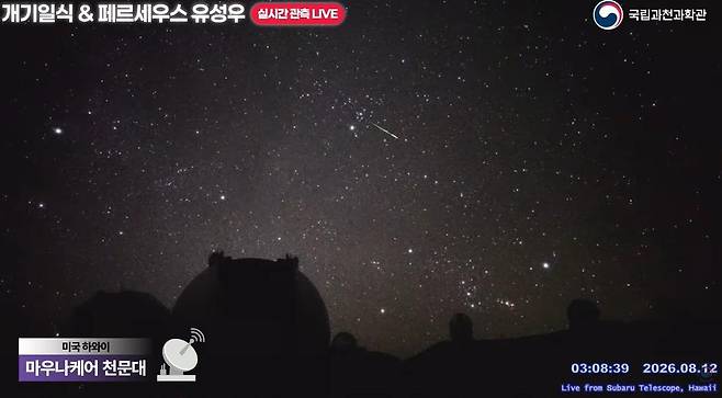 하와이 마우나케어에서 관측한 페르세우스 유성우의 모습 [과천과학관 유튜브 캡처. 재판매 및 DB 금지]