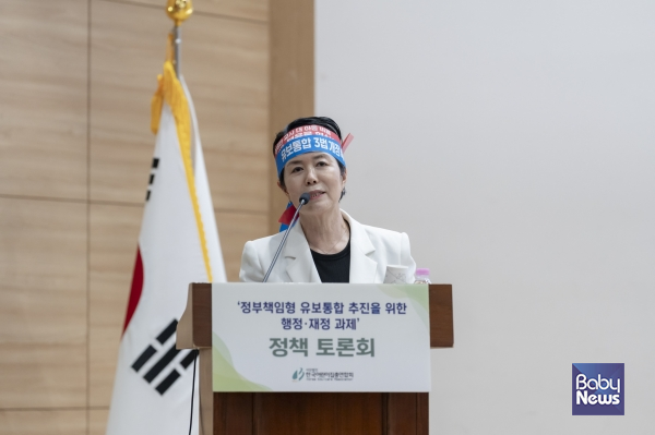 13일 성명을 내어 정부에 흔들림 없는 유보통합 추진을 촉구한 한국어린이집총연합회. 사진은 임진숙 한어총 회장. ⓒ한국어린이집총연합회