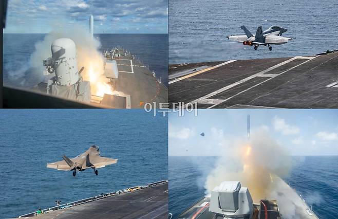 미군 중부사령부가 공개한 소속 함정과 항공모함의 '장대한 분노 작전 (Operation Epic Fury)' 개시 모습. 장대한 분노는 이란을 상대로 한 '공습 및 다영역 전투작전’의 공식 작전명이다.(출처=美중부사령부 미디어)