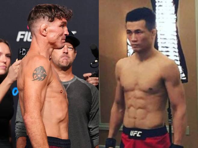 대런 엘킨스(사진 왼쪽)와 정찬성. UFC 제공·정찬성 SNS 게시물 캡처