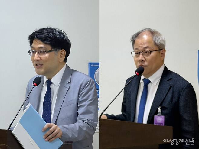 신형익 서울대학교병원 재활의학과 교수(왼쪽)와 임재영 분당서울대학교병원 재활의학과 교수가 각각 방문재활의 목적·내용과 제도화 모델을 발표했다. /김정수 기자