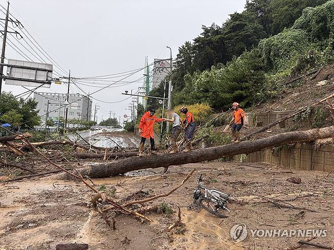 토사에 발 빠진 시민 구조하는 소방대원들 (거제=연합뉴스) 17일 오전 경남 거제시 연초면에서 집중호우로 흘러내린 토사에 발이 빠져 움직이지 못하던 시민을 소방대원들이 구조하고 있다. 2026.8.17 [경남소방본부 제공. 재판매 및 DB 금지] ymp@yna.co.kr