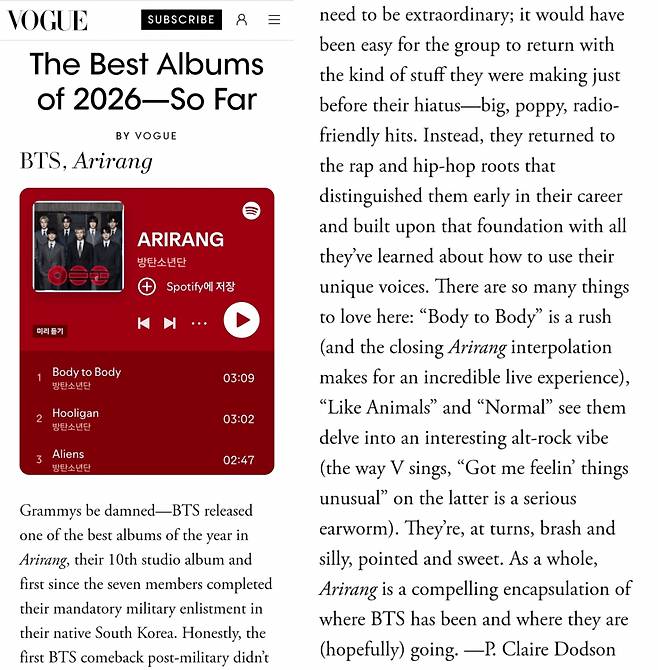 "Com uma presença marcante nos ouvidos" BTS V, vocais inigualáveis ​​no álbum 'Arirang' 'Attract Attention'.. Vogue EUA