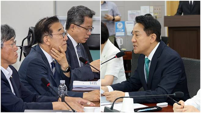 김윤덕(왼쪽 사진 가운데) 국토교통부 장관이 19일 국회 의원회관에서 열린 당정협의회에 참석해 생각에 잠겨 있다. 오른쪽 사진은 오세훈(가운데) 서울시장이 같은 날 국회 의원회관에서 열린 ‘8·13 부동산 대책 무엇이 문제인가’ 토론회에서 발언하는 모습. 여야는 서울 용산공원에 청년 임대주택을 조성하겠다는 정부 계획을 두고 충돌하고 있다. /김지호 기자·연합뉴스