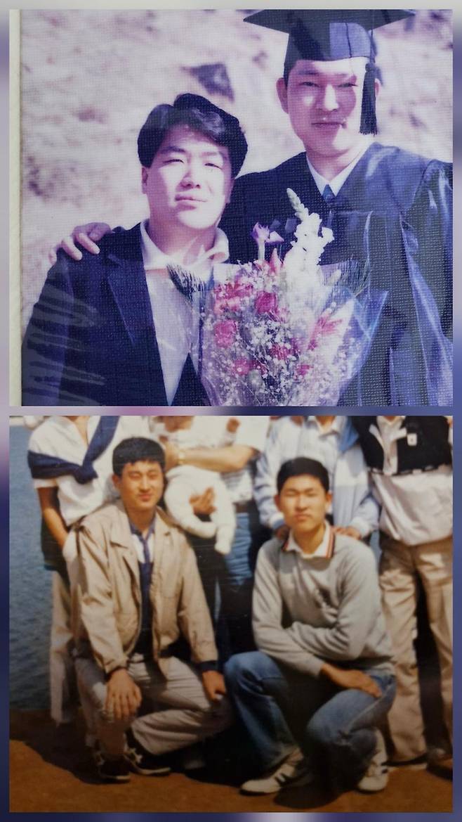 고인과 고대형, 여의섭씨는 고등학교 동창이자 ‘40년 지기’다. 고대형씨과 고인이 대학교 졸업 때 함께 찍은 사진(위). 여의섭씨와 고인이 고1 때 소풍 가서 찍은 사진. 유족 제공