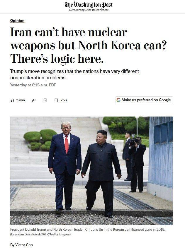 미국 싱크탱크 전략국제문제연구소(CSIS)의 빅터 차 한국 석좌는 19일(현지시간) 워싱턴포스트(WP)에 기고문을 통해 도널드 트럼프 미국 대통령이 핵문제에서 이란과 달리 북한에 유화적 제스처를 취하는 것엔 이유가 있다고 주장했다. WP 홈페이지 캡처
