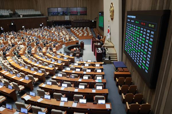 31일 국회에서 열린 7월 임시국회 제3차 본회의에서 전날 상정된 검사의 보완수사권 폐지를 골자로 한 형사소송법 일부개정법률안이 통과되고 있다. 연합뉴스