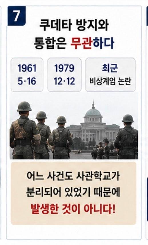 쿠데타 방지와 사관학교 통합은 무관하다는 것을 설명하는 CG. 조병설 예비역 대령 제공