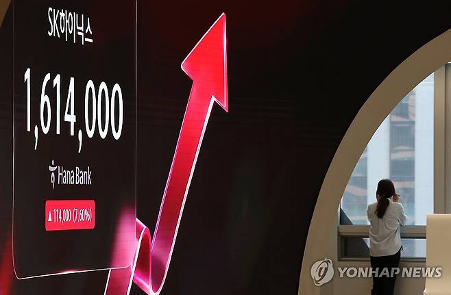 하이닉스 주주환원, 코스피 반등 시도하나 (서울=연합뉴스) 이진욱 기자 = 20일 서울 중구 하나은행 본점 딜링룸 전광판에 SK하이닉스 주가가 표시돼있다. 지난 19일 SK하이닉스는 이사회를 열어 자기주식 취득·소각 안건을 의결하고 주주환원 계획을 공시했다. 2026.8.20 cityboy@yna.co.kr